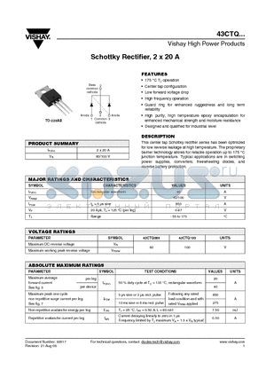 43CTQ080 datasheet - Schottky Rectifier, 2 x 20 A
