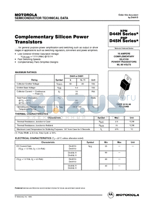 D44H datasheet - COMPLEMENTARY SILICON POWER TRANSISTORS