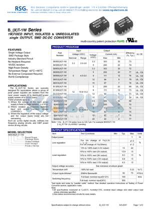 B0305T-1W datasheet - 1W,FIXED INPUT, ISOLATED & UNREGULATED single OUTPUT, SMD DC-DC CONVERTER