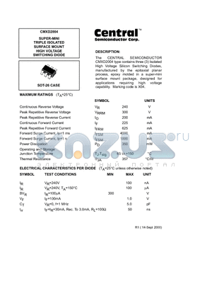 CMXD2004 datasheet - SUPER-MINI TRIPLE ISOLATED SURFACE MOUNT HIGH VOLTAGE SWITCHING DIODE