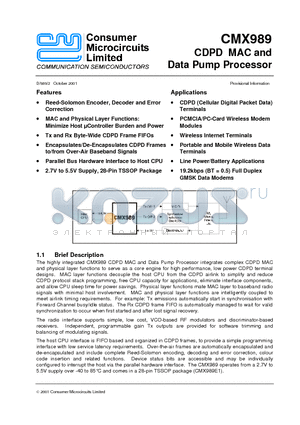 CMX989E1 datasheet - CDPD MAC and Data Pump Processor