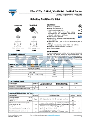 43CTQ080GPBF datasheet - Schottky Rectifier, 2 x 20 A