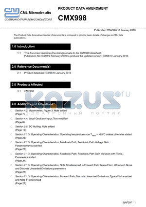 CMX998 datasheet - The Product Data Amendment series of documents