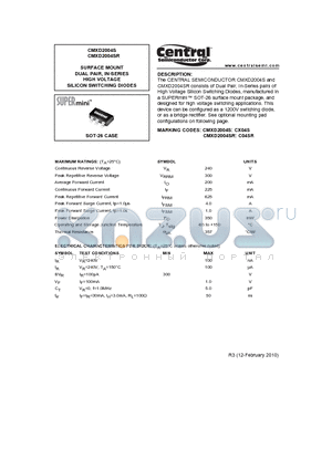 CMXD2004SR datasheet - SURFACE MOUNT DUAL PAIR, IN-SERIES HIGH VOLTAGE SILICON SWITCHING DIODES