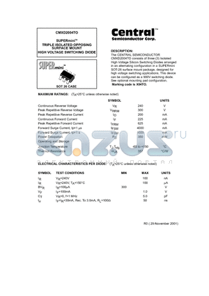 CMXD2004TO datasheet - SUPERminiTM TRIPLE ISOLATED OPPOSING SURFACE MOUNT HIGH VOLTAGE SWITCHING DIODE