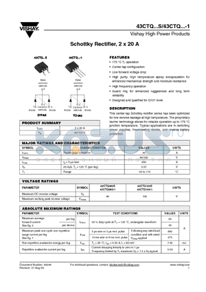 43CTQ080S datasheet - Schottky Rectifier, 2 x 20 A