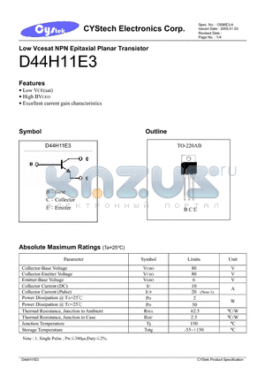 D44H11E3 datasheet - Low Vcesat NPN Epitaxial Planar Transistor