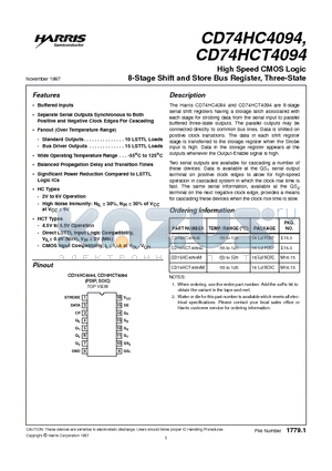 CD74HC4094E datasheet - High Speed CMOS Logic 8-Stage Shift and Store Bus Register, Three-State