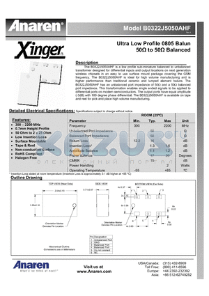 B0322J5050AHF datasheet - Ultra Low Profile 0805 Balun 50 to 50 Balanced