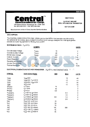 CMXT2222A datasheet - SURFACE MOUNT DUAL NPN SILICON TRANSISTOR