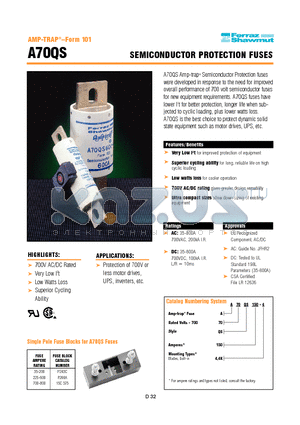 A70QS500-4K datasheet - SEMICONDUCTOR PROTECTION FUSES