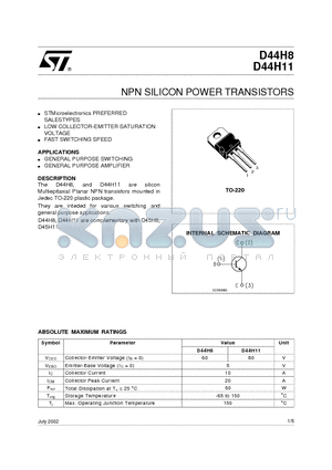 D44H8 datasheet - NPN SILICON POWER TRANSISTORS