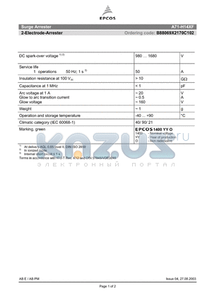 A71-H14XF datasheet - 2-Electrode-Arrester