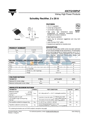 43CTQ100PBF datasheet - Schottky Rectifier, 2 x 20 A