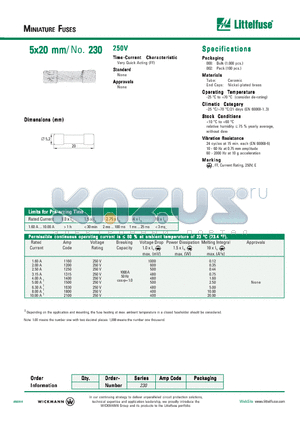 230 datasheet - MINIATURE FUSES - 5x20 mm