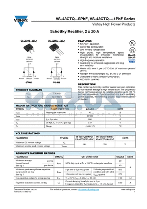 43CTQ100SPBF datasheet - Schottky Rectifier, 2 x 20 A