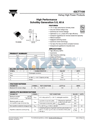 43CTT100 datasheet - High Performance Schottky Generation 5.0, 40 A