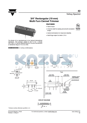 43P103T601BO200E3 datasheet - 3/4 Rectangular (19 mm) Multi-Turn Cermet Trimmer