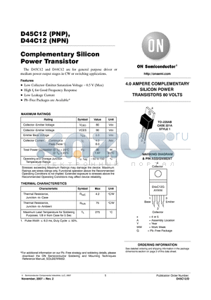 D45C12 datasheet - Complementary Silicon Power Transistor