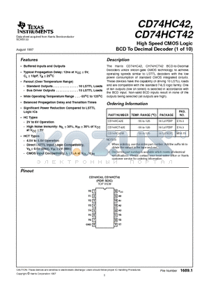 CD74HC42E datasheet - High Speed CMOS Logic BCD To Decimal Decoder 1 of 10