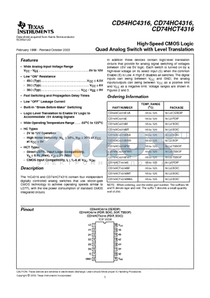 CD74HC4316EE4 datasheet - High-Speed CMOS Logic Quad Analog Switch with Level Translation