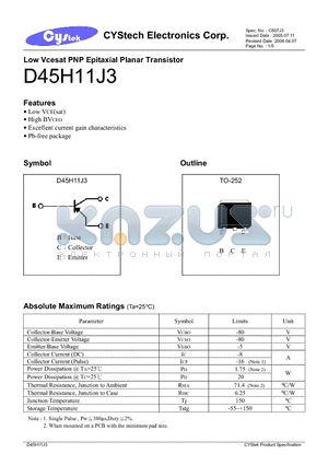 D45H11J3 datasheet - Low Vcesat PNP Epitaxial Planar Transistor