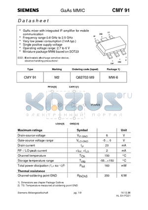 CMY91 datasheet - GaAs MMIC (GaAs mixer with integrated IF-amplifier for mobile communication)