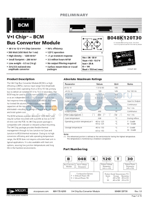 B048K120M30 datasheet - VI Chip - BCM Bus Converter Module