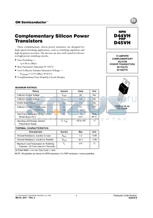D45VH datasheet - Complementary Silicon Power Transistors 15 AMPERE COMPLEMENTARY SILICON POWER TRANSISTORS 80 VOLTS 83 WATTS