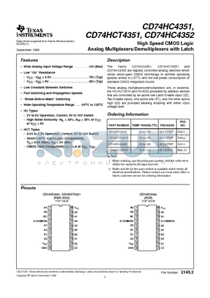 CD74HC4351 datasheet - High Speed CMOS Logic Analog Multiplexers/Demultiplexers with Latch