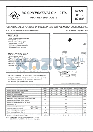 B04AF datasheet - TECHNICAL SPECIFICATIONS OF SINGLE-PHASE SURFACE MOUNT BRIDGE RECTIFIER VOLTAGE RANGE - 50 to 1000 Volts
