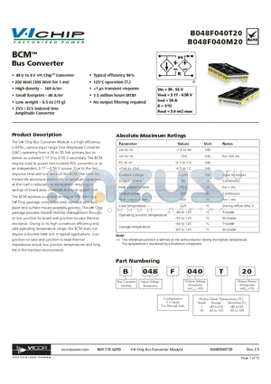 B048T040T20 datasheet - BCM Bus Converter