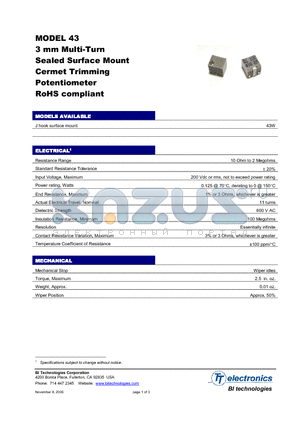 43WR10LFTB datasheet - 3 mm Multi-Turn Sealed Surface Mount Cermet Trimming Potentiometer RoHS compliant