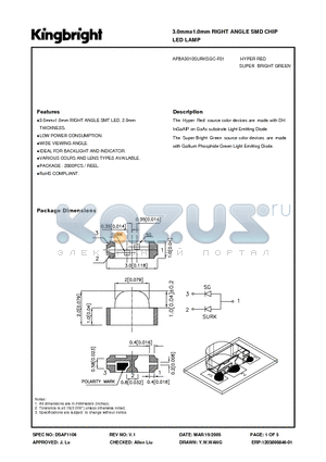 APBA3010SURKSGC-F01 datasheet - 3.0mmx1.0mm RIGHT ANGLE SMD CHIP LED LAMP