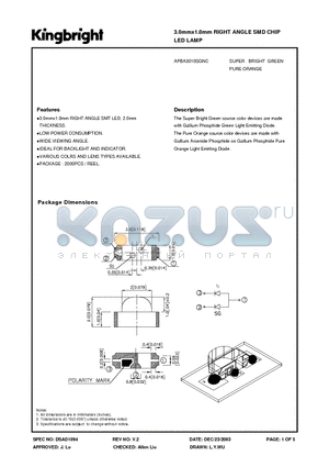 APBA3010SGNC datasheet - 3.0mmx1.0mm RIGHT ANGLE SMD CHIP LED LAMP