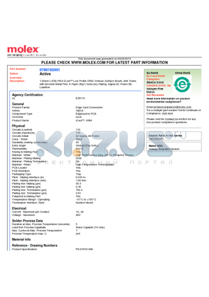 78016-2001 datasheet - 1.00mm (.039) Pitch iCool Low Profile VRM, Vertical, Surface Mount, with Tower,with Beveled Metal Pins, 0.76lm (30l