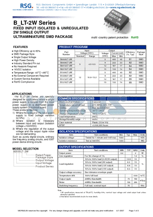 B0509LT-2W datasheet - FIXED INPUT ISOLATED & UNREGULATED 2W SINGLE OUTPUT ULTRAMINIATURE SMD PACKAGE