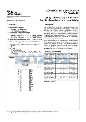 CD74HC4514ENE4 datasheet - High-Speed CMOS Logic 4- to 16-Line Decoder/Demultiplexer with Input Latches