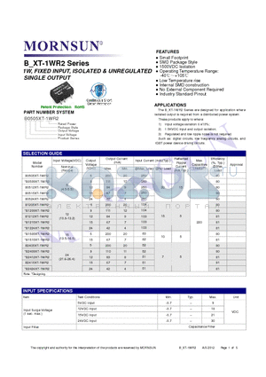 B0509XT-1WR2 datasheet - 1W, FIXED INPUT, ISOLATED & UNREGULATED SINGLE OUTPUT