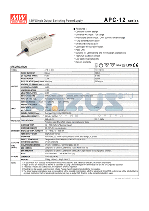 APC-12-700 datasheet - 12W Single Output Switching Power Supply