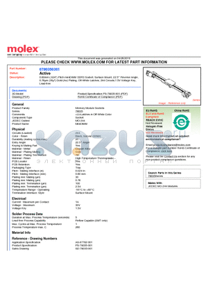 78035-0301 datasheet - 0.60mm (.024) Pitch miniDIMM DDR3 Socket, Surface Mount, 22.5` Reverse Angle, 0.76lm (30l) Gold (Au) Plating, Off-White Latches, 244 Circuits,1.5V Voltage Key