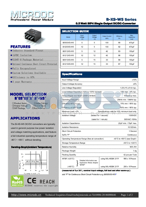 B0515XS-W5 datasheet - 0.5Watt SIP4 SingleOutputDC/DC-Converter