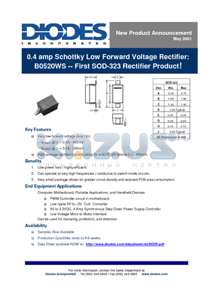 B0520WS datasheet - 0.4 amp Schottky Low Forward Voltage Rectifier: B0520WS -- First SOD-323 Rectifier Product