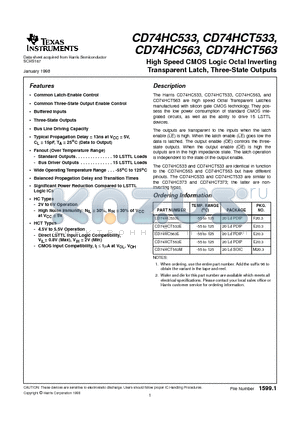 CD74HC533E datasheet - High Speed CMOS Logic Octal Inverting Transparent Latch, Three-State Outputs