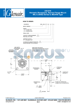 230-016FT-146P datasheet - Hermetic Receptacle, Narrow Flange Mount