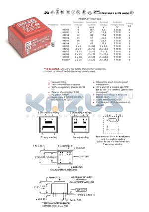 44049 datasheet - PRIMARY VOLTAGE, Vacuum filling, Two compartments bobbins
