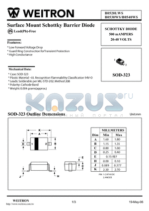 B0530WS datasheet - Surface Mount Schottky Barrier Diode