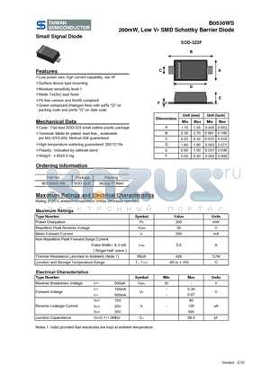 B0530WS datasheet - 200mW, Low VF SMD Schottky Barrier Diode