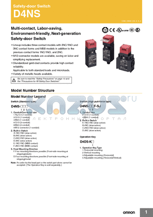 D4NS-1AF datasheet - Multi-contact, Labor-saving, Environment-friendly, Next-generation Safety-door Switch