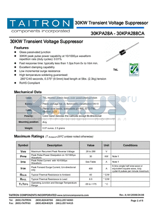 30KPA120A datasheet - 30KW Transient Voltage Suppressor